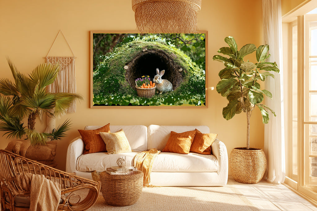 Nursery Bunny Burrow Carrot Basket Print on Stretched Canvas, Heartfelt Cozy Studio for the Living Room, Gift for the Art Lover in Your Life — nursery-bunny-burrow-carrot-basket-room-5-wall-art.jpg