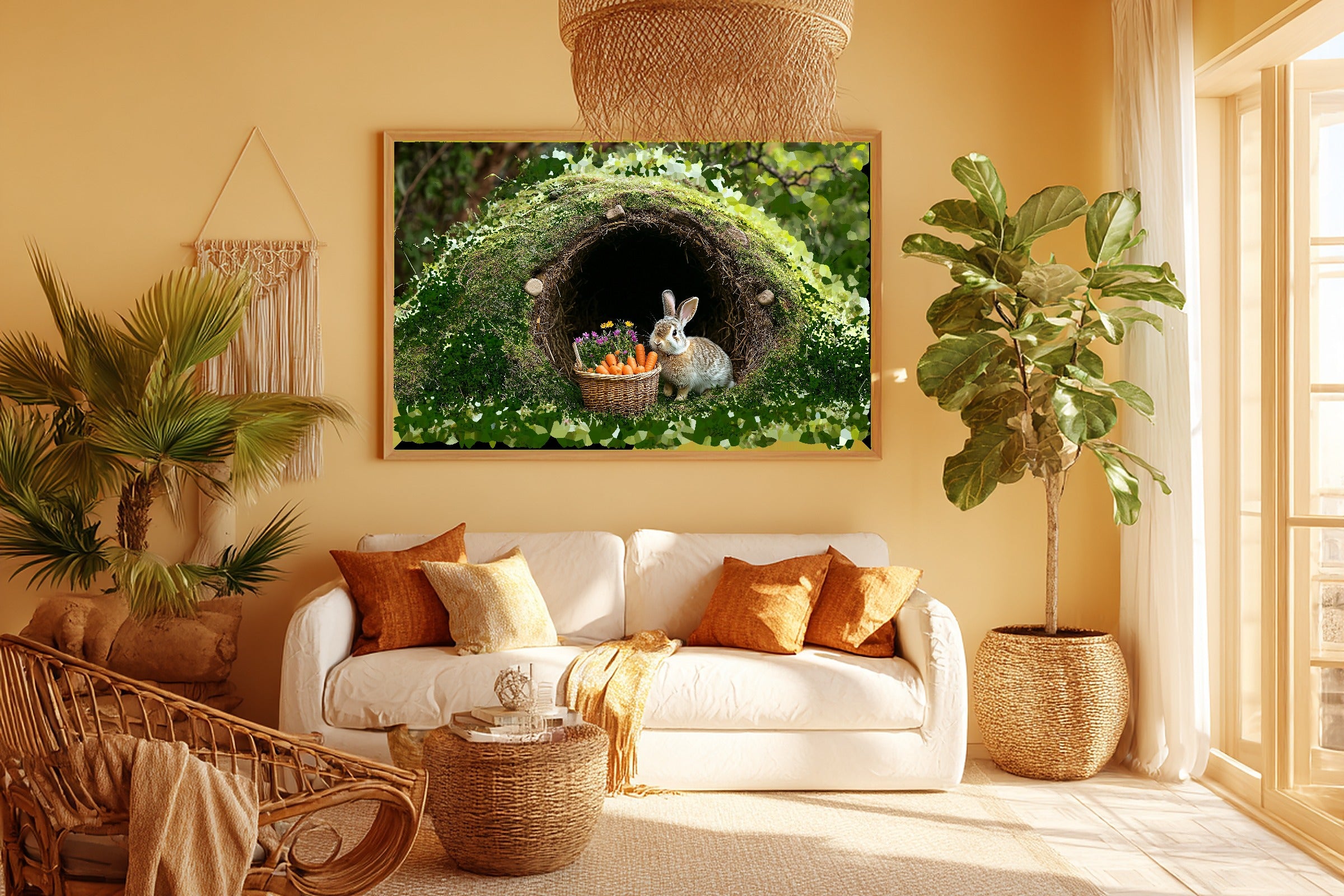 Nursery Bunny Burrow Carrot Basket Print on Stretched Canvas, Heartfelt Cozy Studio for the Living Room, Gift for the Art Lover in Your Life — nursery-bunny-burrow-carrot-basket-room-5-wall-art.jpg