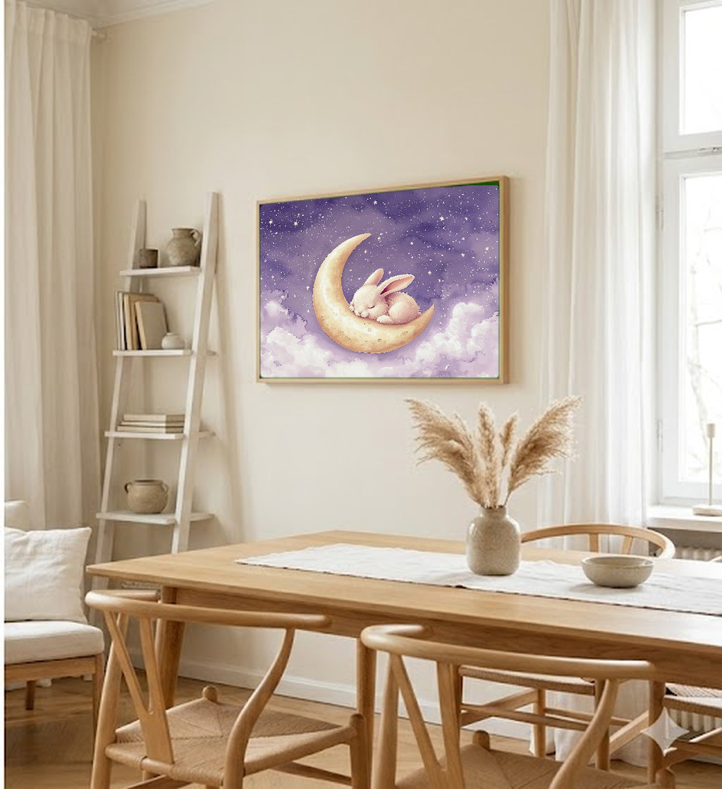 Nursery Bunny Canvas Wall Art | Moon Watercolor Print, Dreamy Baby Decor, Stretched Canvas — nursery-bunny-moon-dining-room-wall-art.jpg