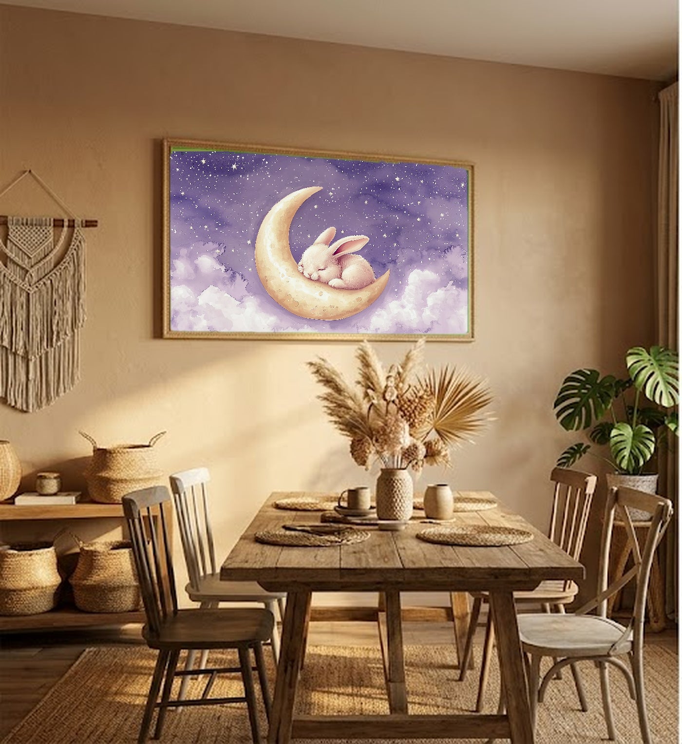 Nursery Bunny Canvas Wall Art | Moon Watercolor Print, Dreamy Baby Decor, Stretched Canvas — nursery-bunny-moon-hallway-wall-art.jpg