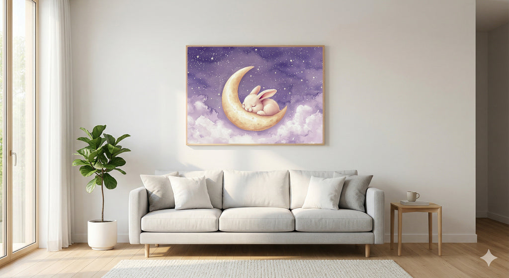 Nursery Bunny Canvas Wall Art | Moon Watercolor Print, Dreamy Baby Decor, Stretched Canvas — nursery-bunny-moon-living-room-wall-art.jpg