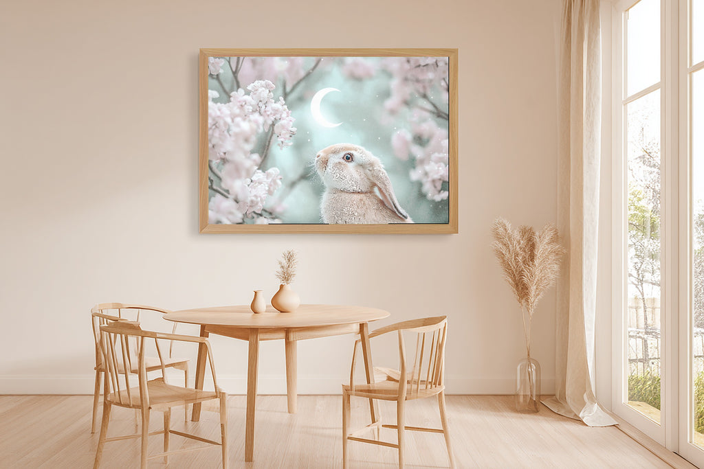 Hand-picked Nursery Bunny Moon Night Forest Giclée Print, Stunning Soft Forest for the Cozy Cabin, Ready-to-Hang Nature Lover Gift — nursery-bunny-moon-night-forest-dining-room-wall-art.jpg