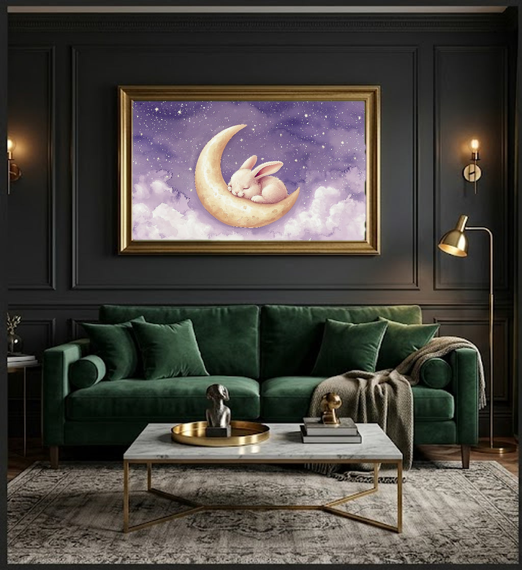 Nursery Bunny Canvas Wall Art | Moon Watercolor Print, Dreamy Baby Decor, Stretched Canvas — nursery-bunny-moon-office-wall-art.jpg