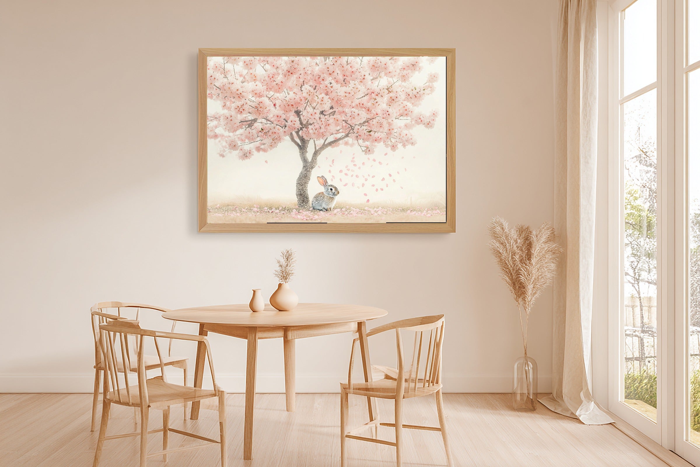 Nursery Bunny Pastel Spring Blossoms Museum-Quality Canvas | Japandi Minimalist Print | Yoga Studio Decor | Elegant Hostess Gift — nursery-bunny-pastel-spring-blossoms-dining-room-wall-art.jpg