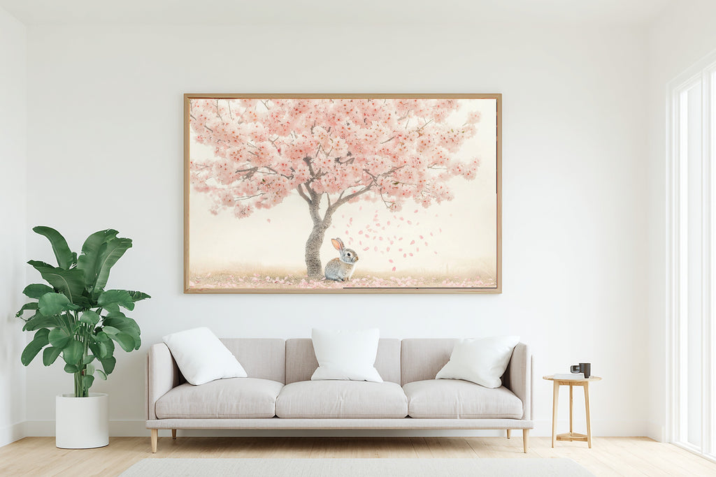 Nursery Bunny Pastel Spring Blossoms Museum-Quality Canvas | Japandi Minimalist Print | Yoga Studio Decor | Elegant Hostess Gift — nursery-bunny-pastel-spring-blossoms-living-room-wall-art.jpg