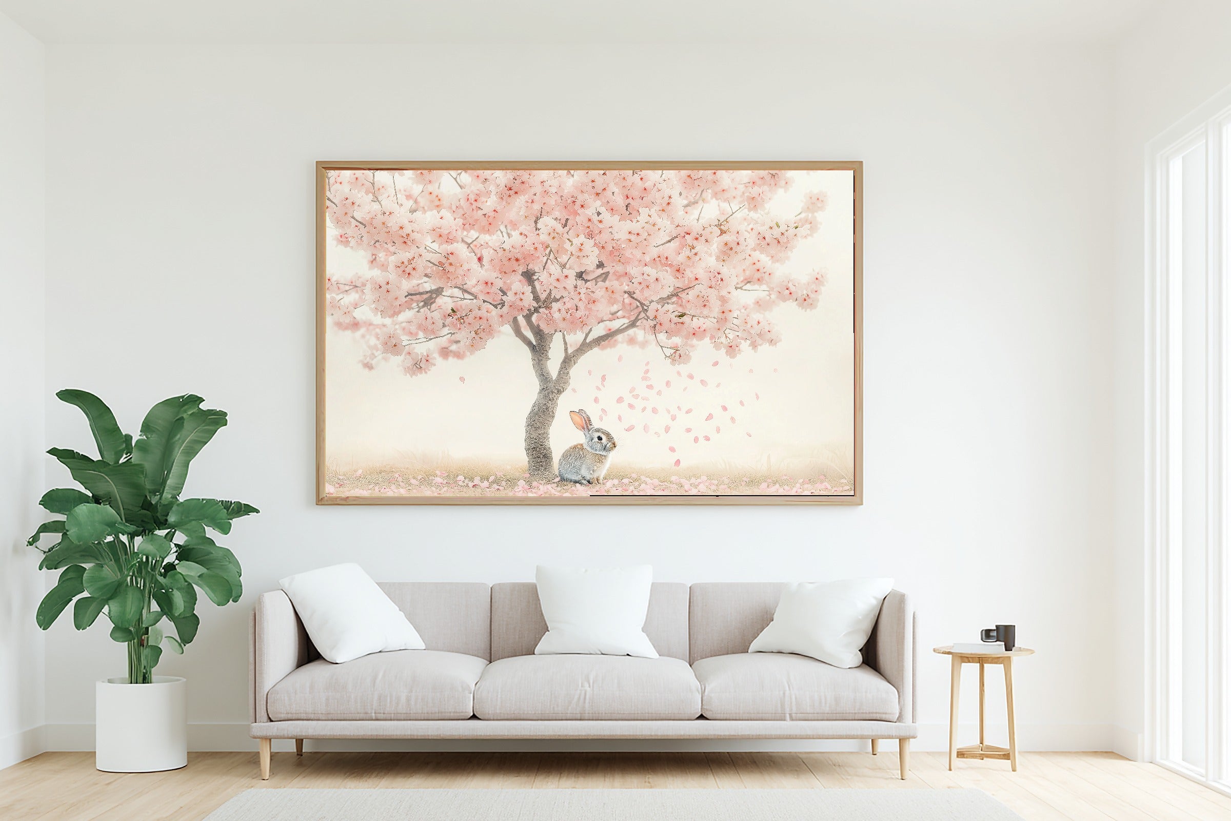 Nursery Bunny Pastel Spring Blossoms Museum-Quality Canvas | Japandi Minimalist Print | Yoga Studio Decor | Elegant Hostess Gift — nursery-bunny-pastel-spring-blossoms-living-room-wall-art.jpg