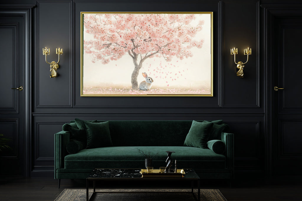 Nursery Bunny Pastel Spring Blossoms Museum-Quality Canvas | Japandi Minimalist Print | Yoga Studio Decor | Elegant Hostess Gift — nursery-bunny-pastel-spring-blossoms-office-wall-art.jpg