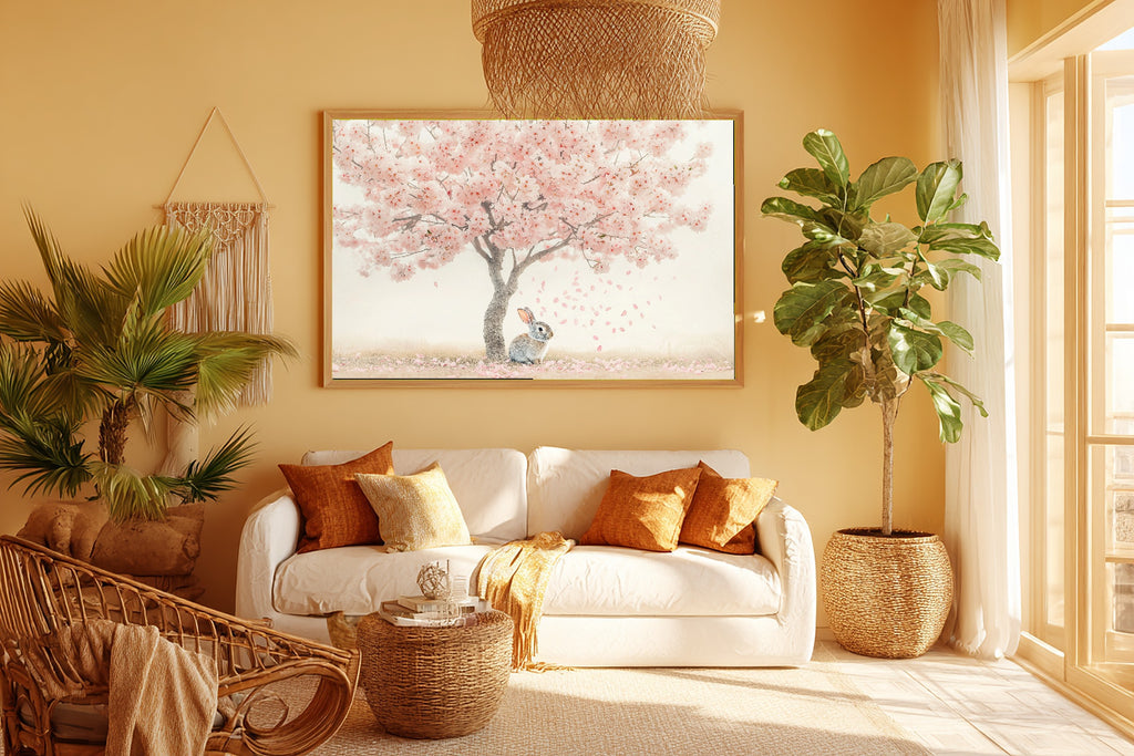 Nursery Bunny Pastel Spring Blossoms Museum-Quality Canvas | Japandi Minimalist Print | Yoga Studio Decor | Elegant Hostess Gift — nursery-bunny-pastel-spring-blossoms-room-5-wall-art.jpg