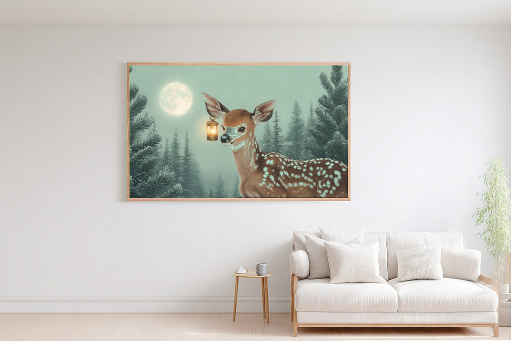 Nursery Deer Lantern Moon Stretched Canvas Print, Painterly Wildlife Art Canvas Art, Modern Reading Nook Art, Mother's Day Gift Idea — nursery-deer-lantern-moon-bedroom-wall-art.jpg