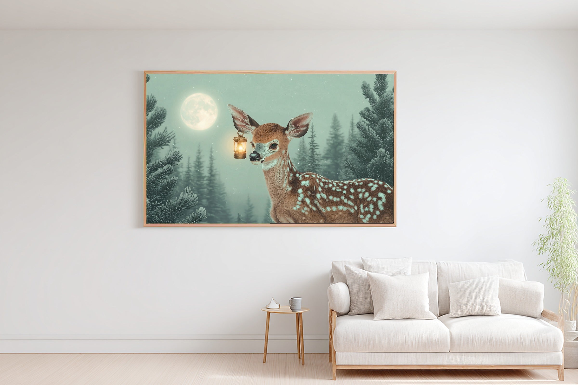 Nursery Deer Lantern Moon Stretched Canvas Print, Painterly Wildlife Art Canvas Art, Modern Reading Nook Art, Mother's Day Gift Idea — nursery-deer-lantern-moon-bedroom-wall-art.jpg