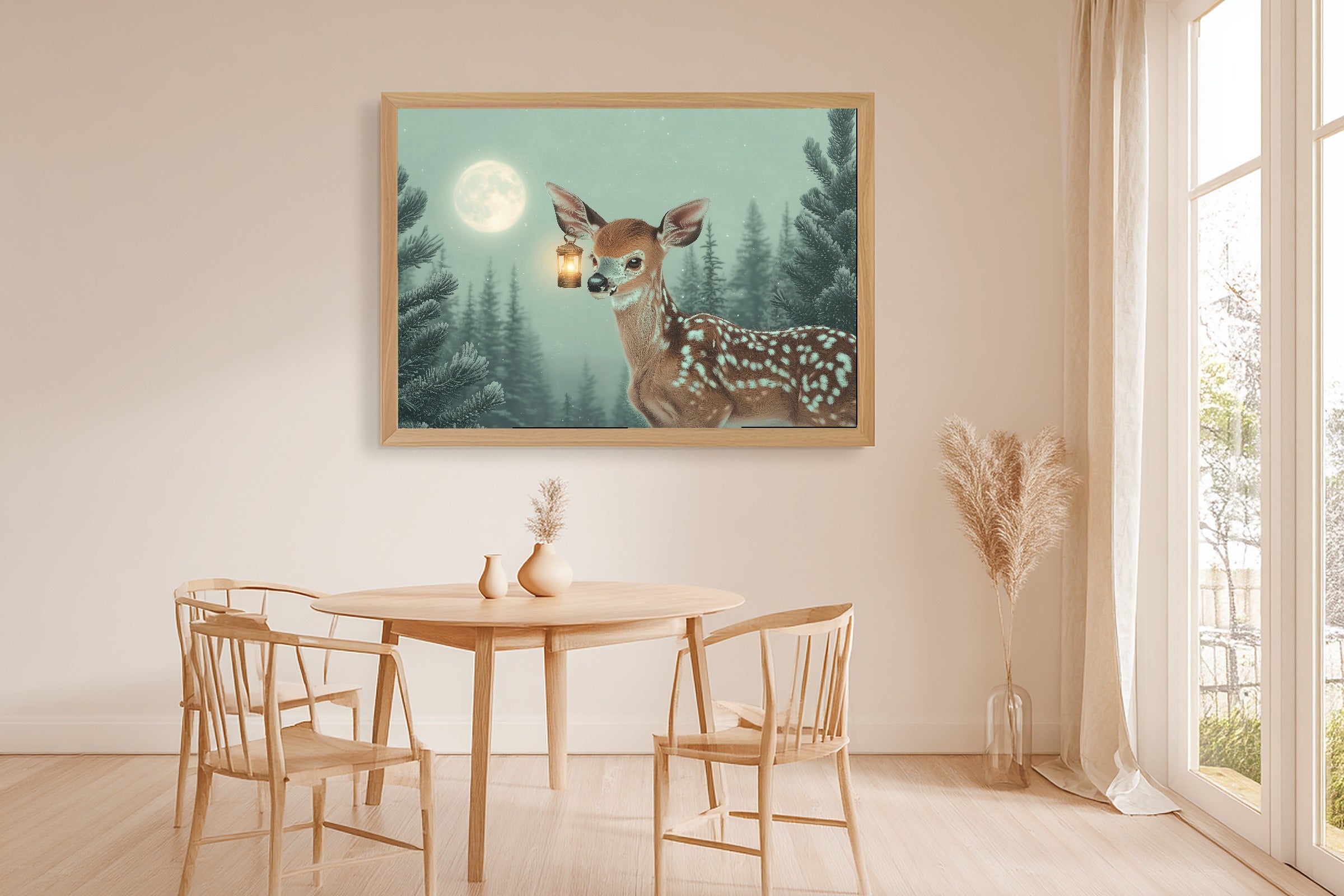 Nursery Deer Lantern Moon Stretched Canvas Print, Painterly Wildlife Art Canvas Art, Modern Reading Nook Art, Mother's Day Gift Idea — nursery-deer-lantern-moon-dining-room-wall-art.jpg