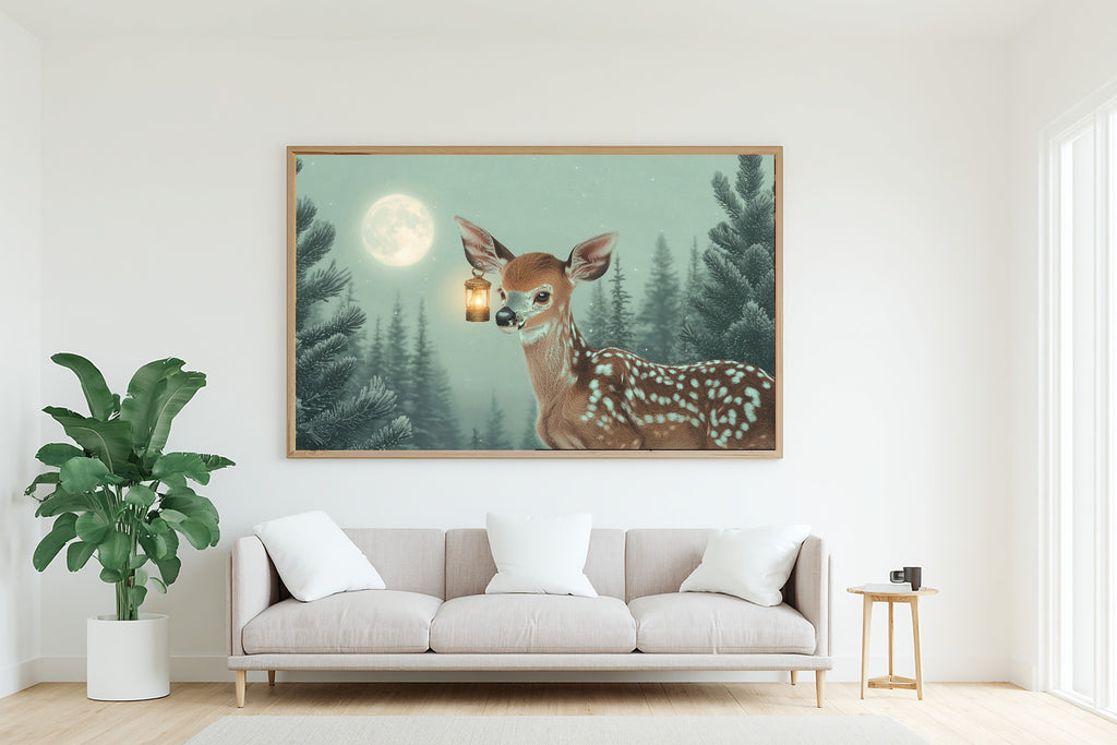 Nursery Deer Lantern Moon Stretched Canvas Print, Painterly Wildlife Art Canvas Art, Modern Reading Nook Art, Mother's Day Gift Idea — nursery-deer-lantern-moon-living-room-wall-art.jpg
