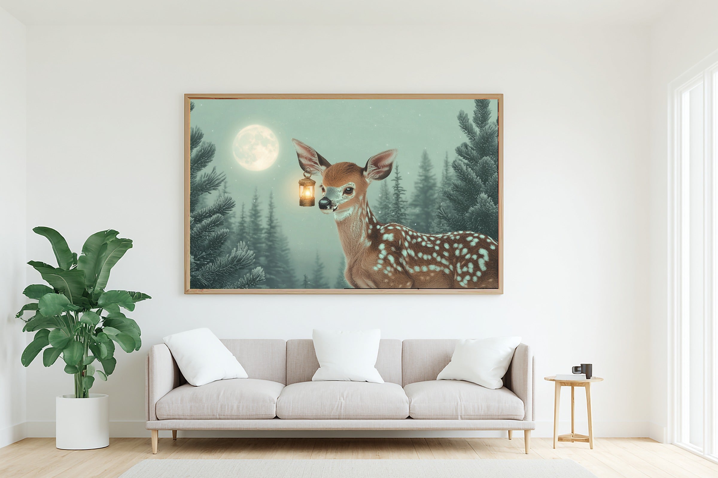 Nursery Deer Lantern Moon Stretched Canvas Print, Painterly Wildlife Art Canvas Art, Modern Reading Nook Art, Mother's Day Gift Idea — nursery-deer-lantern-moon-living-room-wall-art.jpg