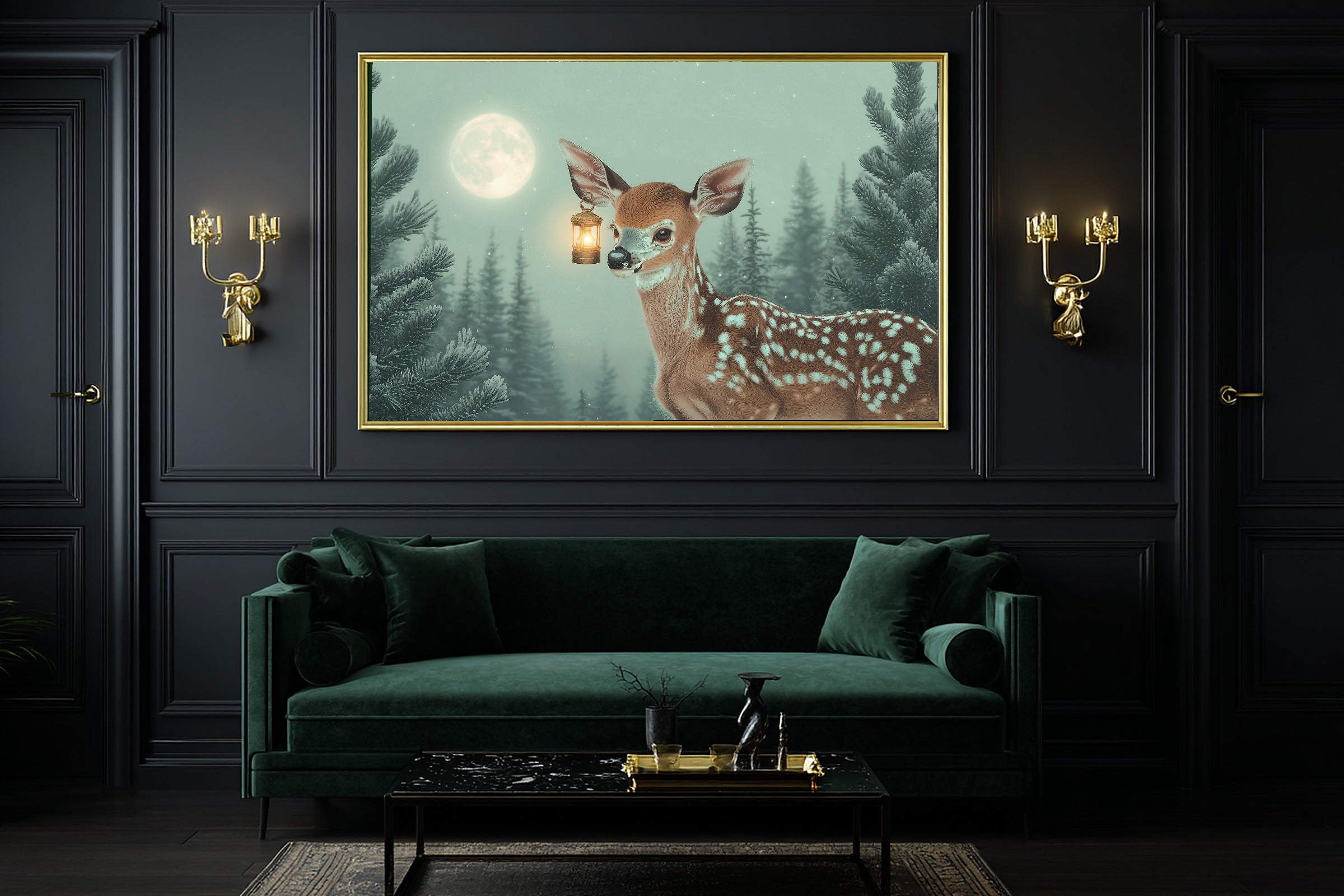 Nursery Deer Lantern Moon Stretched Canvas Print, Painterly Wildlife Art Canvas Art, Modern Reading Nook Art, Mother's Day Gift Idea — nursery-deer-lantern-moon-office-wall-art.jpg