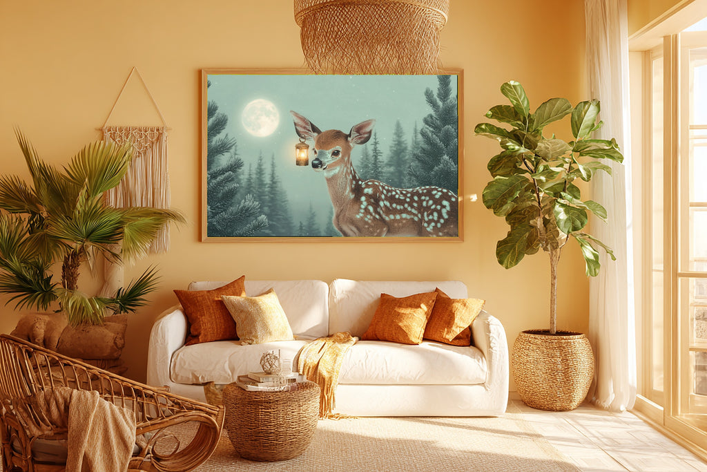 Nursery Deer Lantern Moon Stretched Canvas Print, Painterly Wildlife Art Canvas Art, Modern Reading Nook Art, Mother's Day Gift Idea — nursery-deer-lantern-moon-room-5-wall-art.jpg