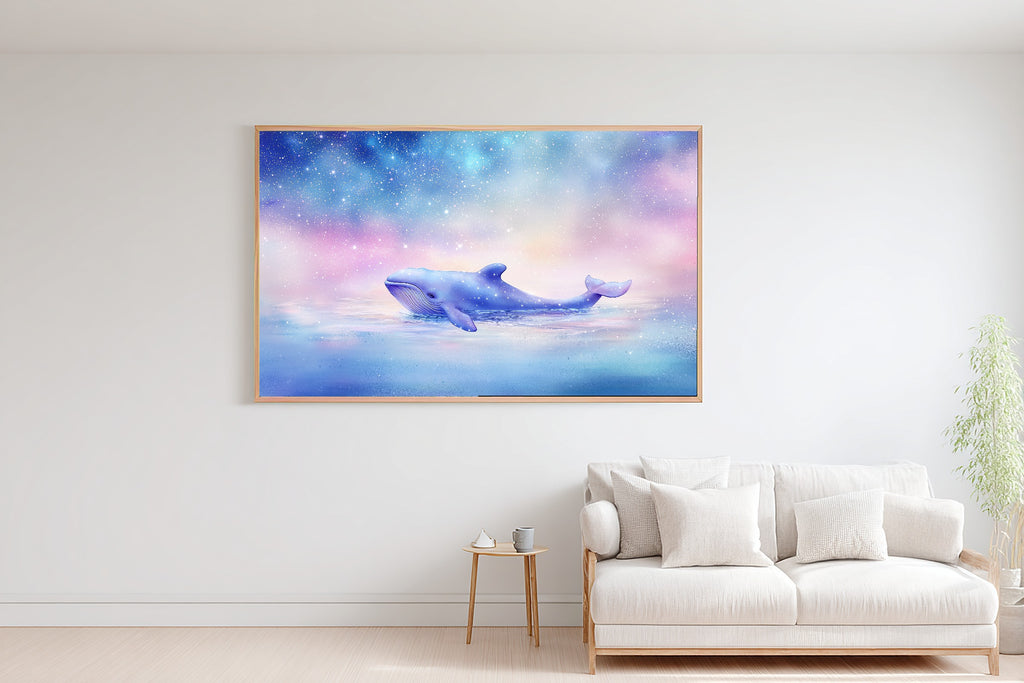 Nursery Night Sky Stars Whale Stretched Canvas Print, Gentle Baby Animal Print, Baby's Room Wall Decor, Nursery Gift for New Moms — nursery-night-sky-stars-whale-bedroom-wall-art.jpg