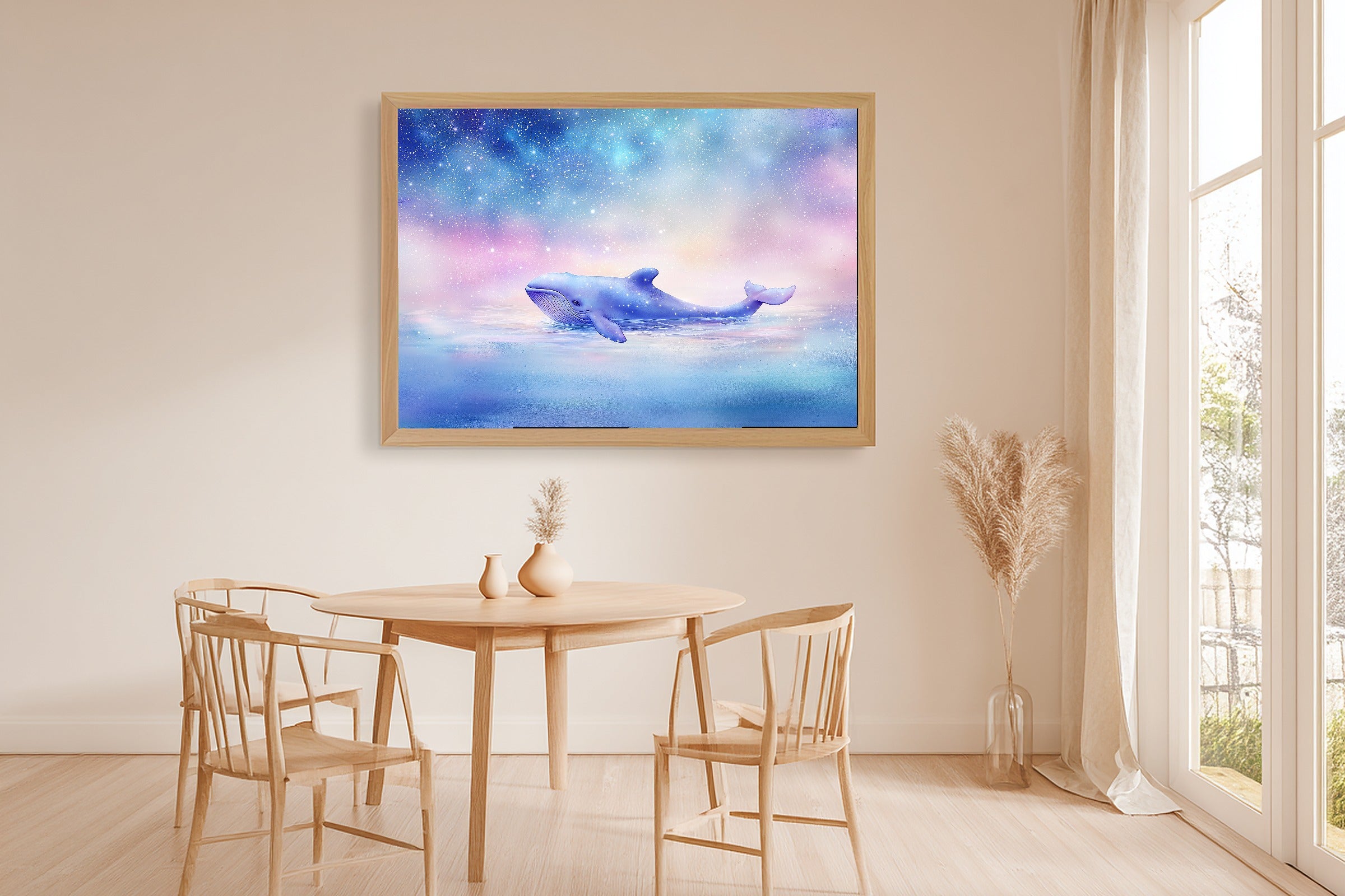 Nursery Night Sky Stars Whale Stretched Canvas Print, Gentle Baby Animal Print, Baby's Room Wall Decor, Nursery Gift for New Moms — nursery-night-sky-stars-whale-dining-room-wall-art.jpg