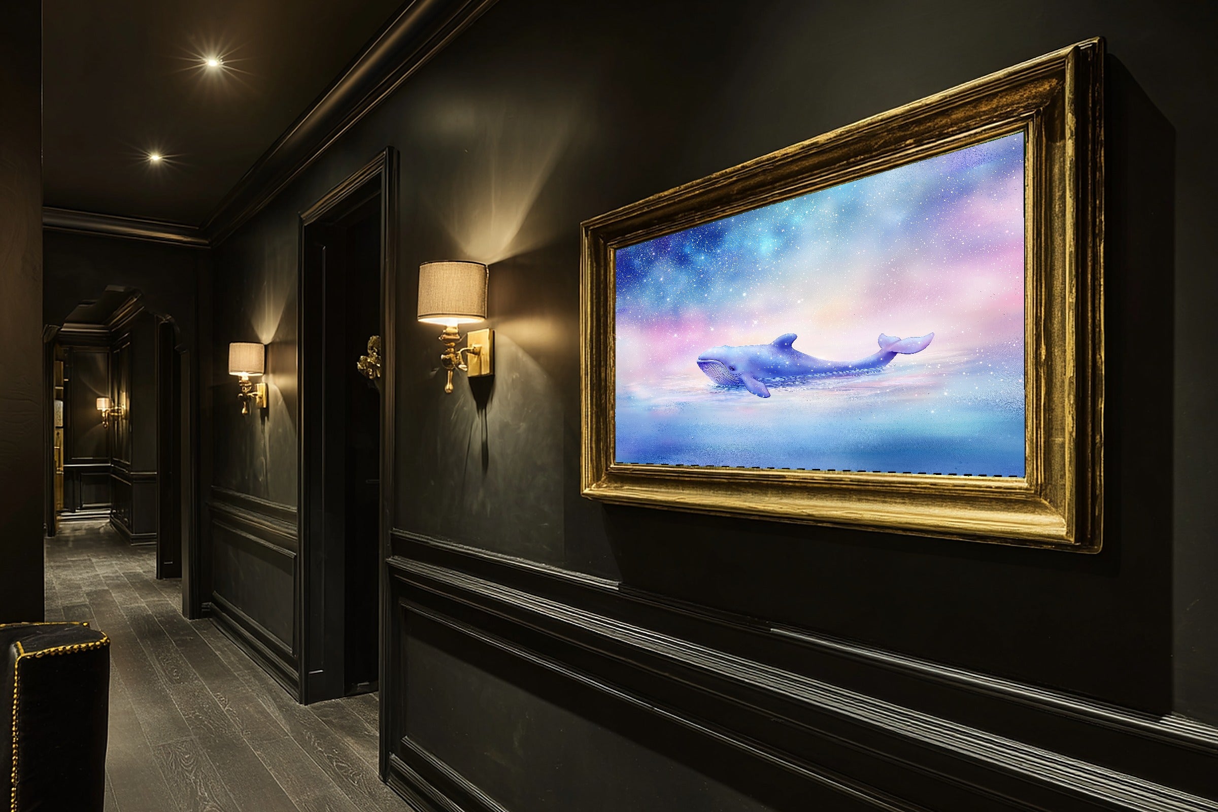 Nursery Night Sky Stars Whale Stretched Canvas Print, Gentle Baby Animal Print, Baby's Room Wall Decor, Nursery Gift for New Moms — nursery-night-sky-stars-whale-hallway-wall-art.jpg