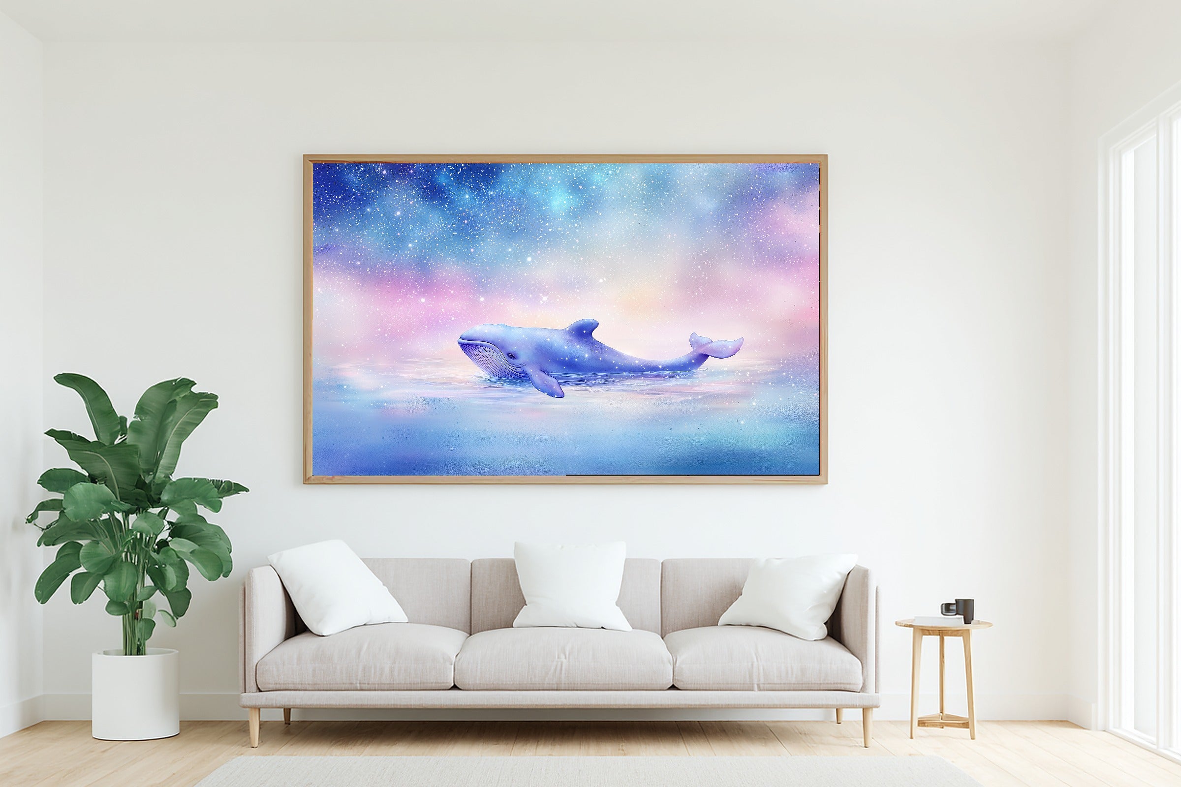 Nursery Night Sky Stars Whale Stretched Canvas Print, Gentle Baby Animal Print, Baby's Room Wall Decor, Nursery Gift for New Moms — nursery-night-sky-stars-whale-living-room-wall-art.jpg
