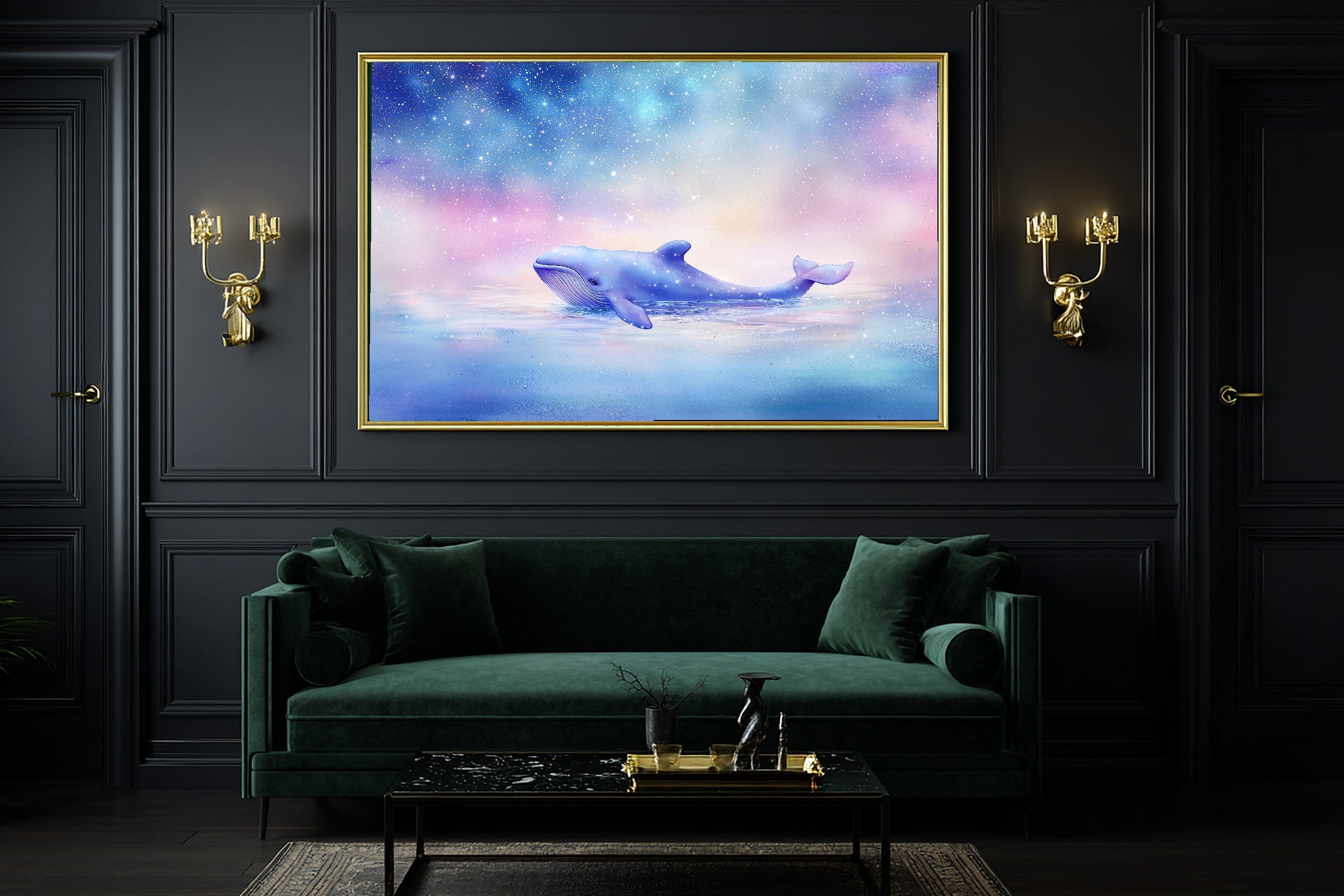 Nursery Night Sky Stars Whale Stretched Canvas Print, Gentle Baby Animal Print, Baby's Room Wall Decor, Nursery Gift for New Moms — nursery-night-sky-stars-whale-office-wall-art.jpg
