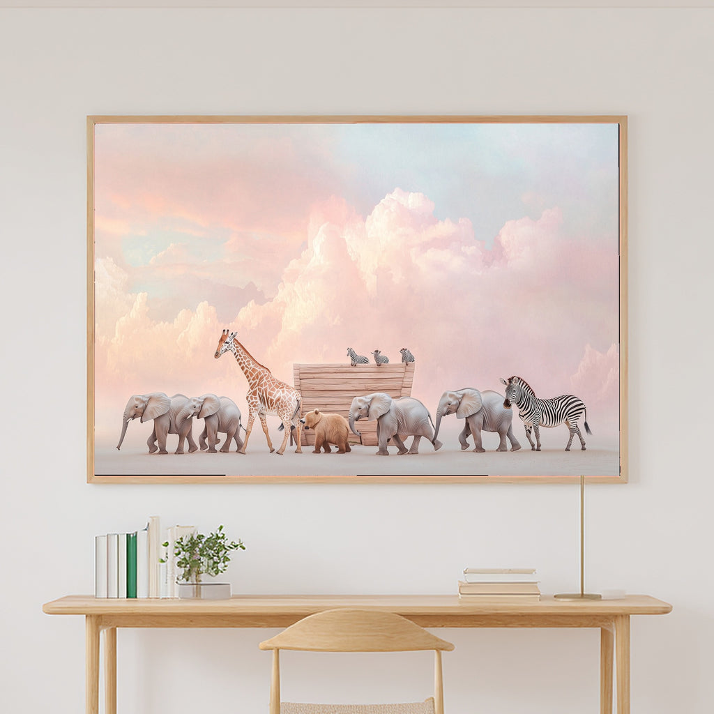 Nursery Noahs Ark Elephant Giraffe Parade Dramatic Wildlife Wall Art, Dreamy Print for the Living Room — nursery-noahs-ark-elephant-giraffe-parade-canvas-print.jpg