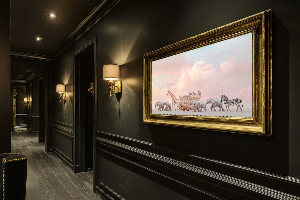 Nursery Noahs Ark Elephant Giraffe Parade Dramatic Wildlife Wall Art, Dreamy Print for the Living Room — nursery-noahs-ark-elephant-giraffe-parade-hallway-wall-art.jpg