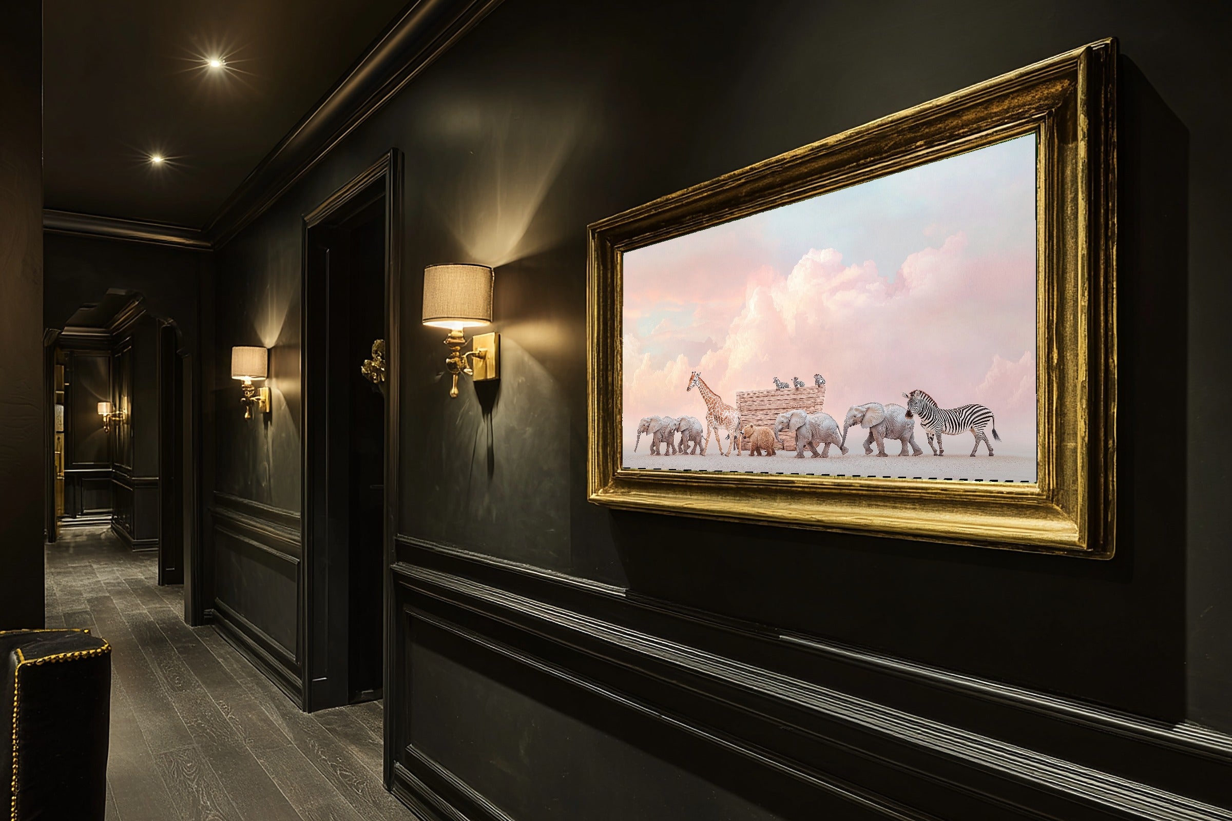 Nursery Noahs Ark Elephant Giraffe Parade Dramatic Wildlife Wall Art, Dreamy Print for the Living Room — nursery-noahs-ark-elephant-giraffe-parade-hallway-wall-art.jpg
