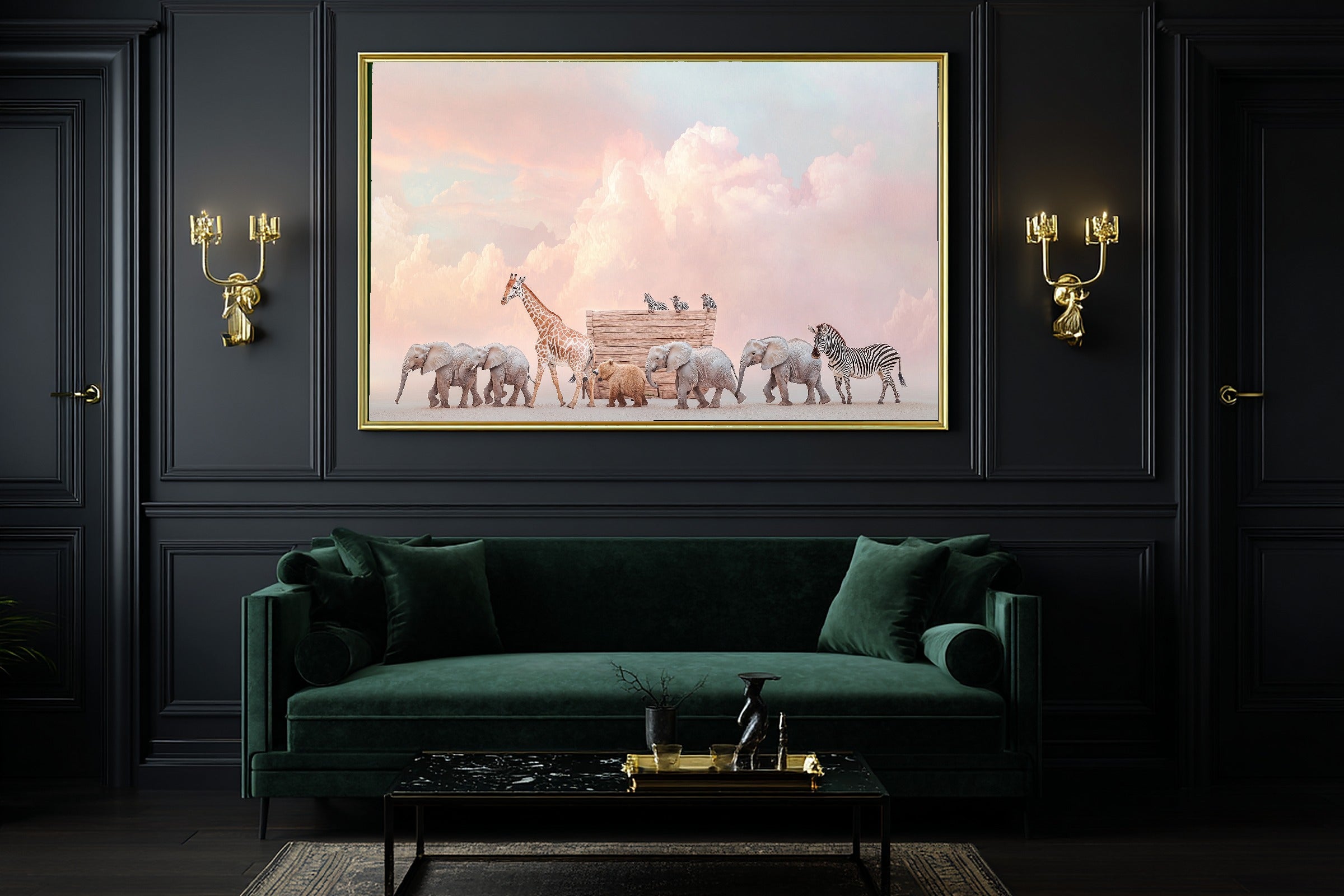 Nursery Noahs Ark Elephant Giraffe Parade Dramatic Wildlife Wall Art, Dreamy Print for the Living Room — nursery-noahs-ark-elephant-giraffe-parade-office-wall-art.jpg