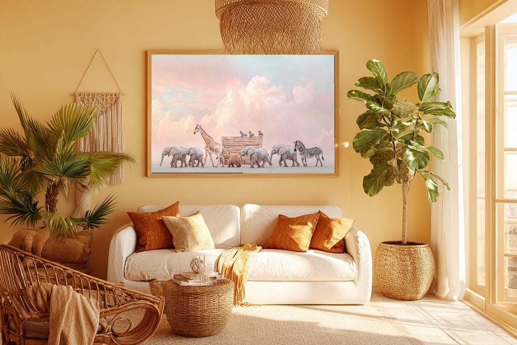 Nursery Noahs Ark Elephant Giraffe Parade Dramatic Wildlife Wall Art, Dreamy Print for the Living Room — nursery-noahs-ark-elephant-giraffe-parade-room-5-wall-art.jpg