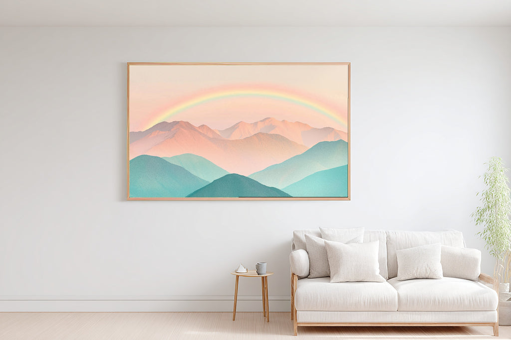 Nursery Pastel Mountains Rainbow Stretched Canvas Print, Whimsical Nursery Illustration Statement Piece, Nursery Statement Piece — nursery-pastel-mountains-rainbow-bedroom-wall-art.jpg