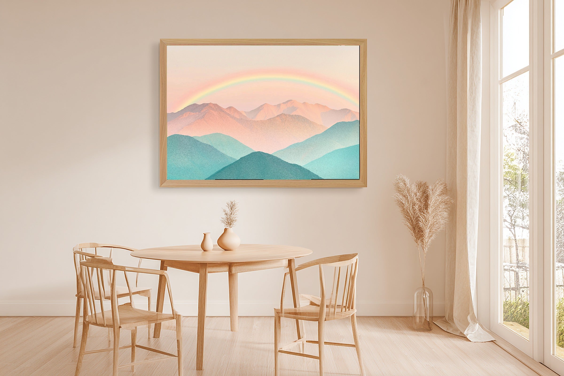 Nursery Pastel Mountains Rainbow Stretched Canvas Print, Whimsical Nursery Illustration Statement Piece, Nursery Statement Piece — nursery-pastel-mountains-rainbow-dining-room-wall-art.jpg