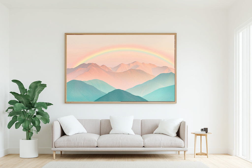 Nursery Pastel Mountains Rainbow Stretched Canvas Print, Whimsical Nursery Illustration Statement Piece, Nursery Statement Piece — nursery-pastel-mountains-rainbow-living-room-wall-art.jpg