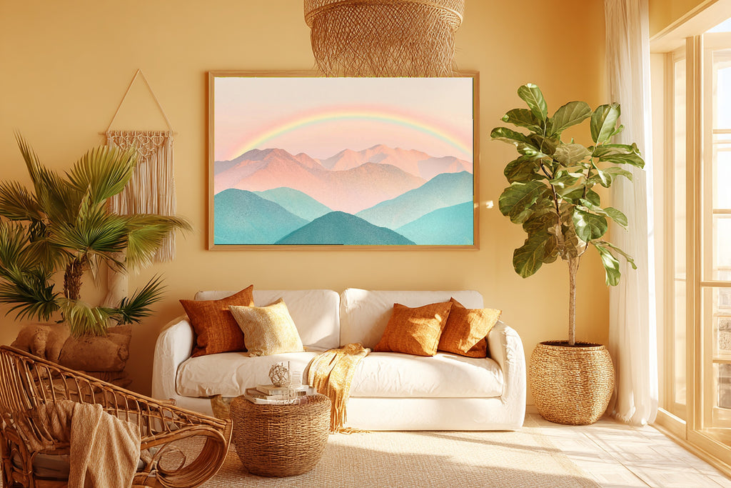 Nursery Pastel Mountains Rainbow Stretched Canvas Print, Whimsical Nursery Illustration Statement Piece, Nursery Statement Piece — nursery-pastel-mountains-rainbow-room-5-wall-art.jpg