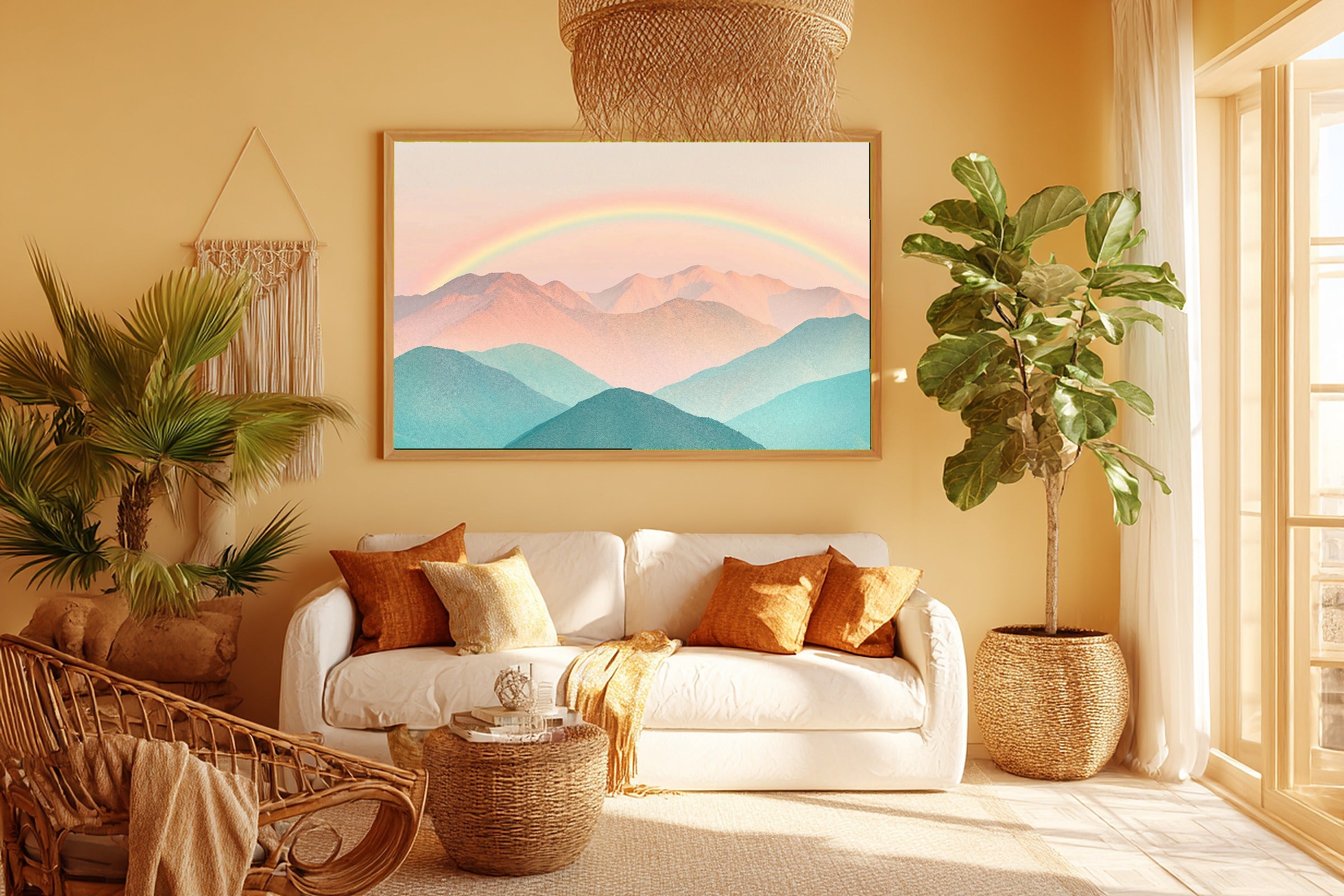 Nursery Pastel Mountains Rainbow Stretched Canvas Print, Whimsical Nursery Illustration Statement Piece, Nursery Statement Piece — nursery-pastel-mountains-rainbow-room-5-wall-art.jpg