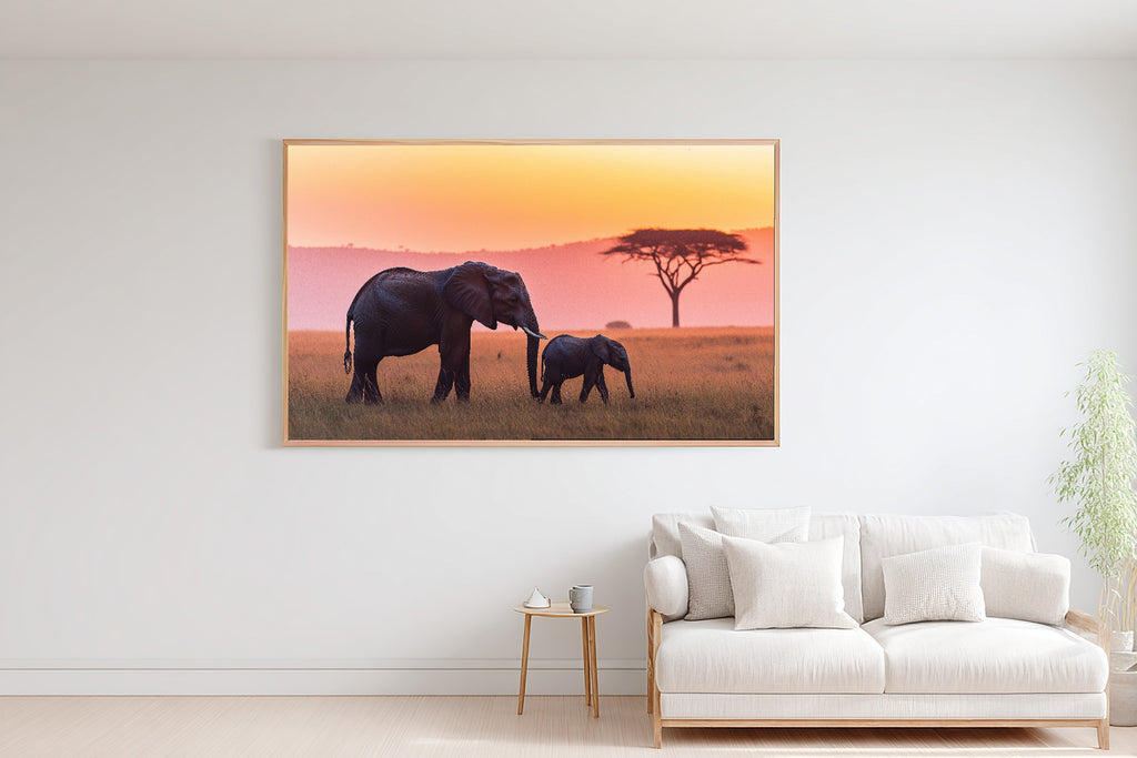 Nursery Safari Elephant Mother Calf Sunset Canvas Wall Art, Afrobohemian Textile Art, Living Room Wall Decor, Wedding Gift for Couples — nursery-safari-elephant-mother-calf-sunset-bedroom-wall-art.jpg