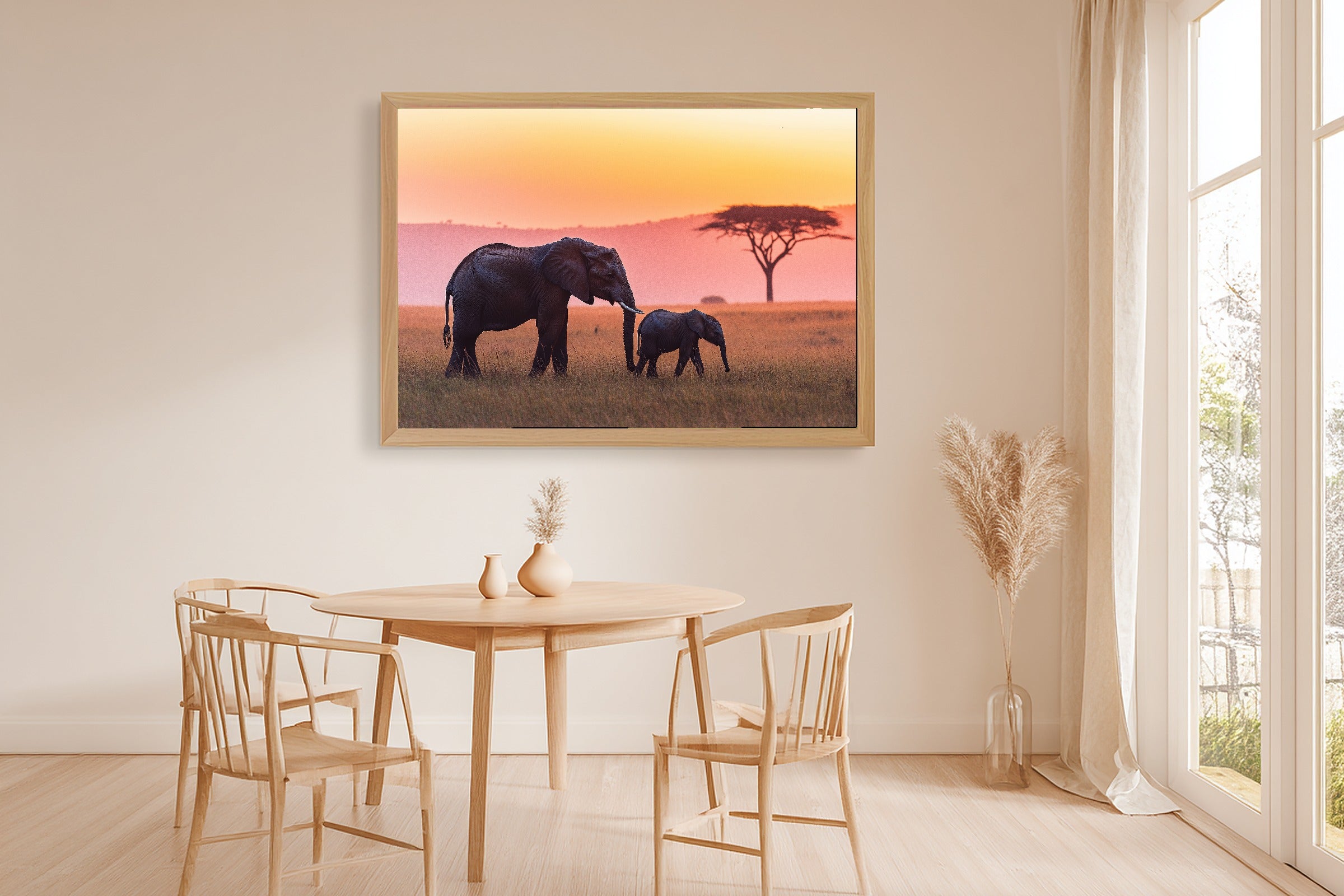 Nursery Safari Elephant Mother Calf Sunset Canvas Wall Art, Afrobohemian Textile Art, Living Room Wall Decor, Wedding Gift for Couples — nursery-safari-elephant-mother-calf-sunset-dining-room-wall-art.jpg