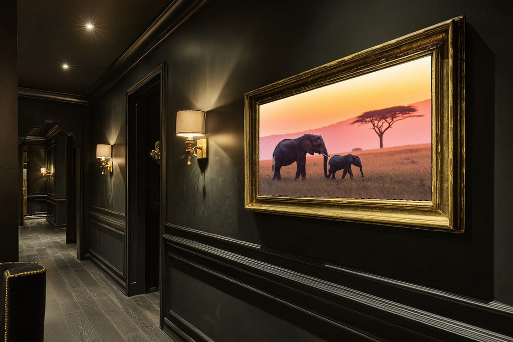 Nursery Safari Elephant Mother Calf Sunset Canvas Wall Art, Afrobohemian Textile Art, Living Room Wall Decor, Wedding Gift for Couples — nursery-safari-elephant-mother-calf-sunset-hallway-wall-art.jpg