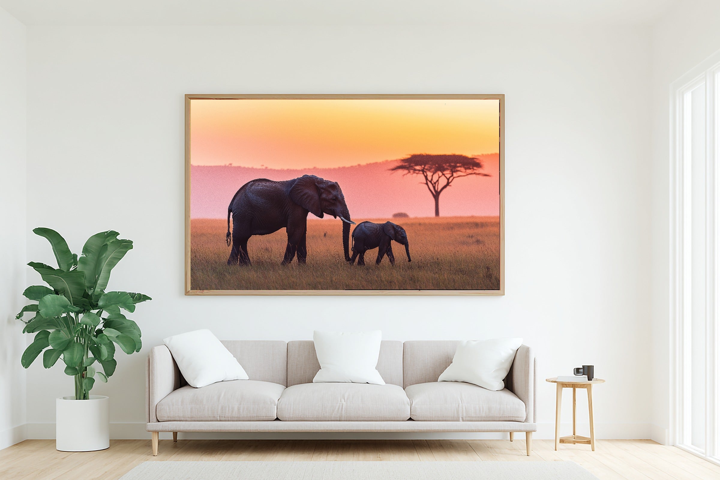 Nursery Safari Elephant Mother Calf Sunset Canvas Wall Art, Afrobohemian Textile Art, Living Room Wall Decor, Wedding Gift for Couples — nursery-safari-elephant-mother-calf-sunset-living-room-wall-art.jpg