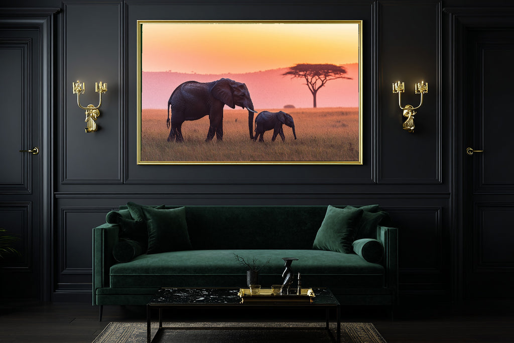 Nursery Safari Elephant Mother Calf Sunset Canvas Wall Art, Afrobohemian Textile Art, Living Room Wall Decor, Wedding Gift for Couples — nursery-safari-elephant-mother-calf-sunset-office-wall-art.jpg