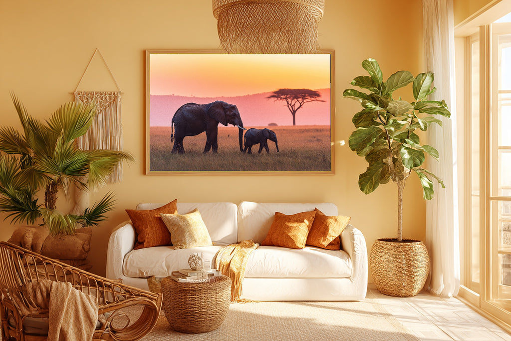 Nursery Safari Elephant Mother Calf Sunset Canvas Wall Art, Afrobohemian Textile Art, Living Room Wall Decor, Wedding Gift for Couples — nursery-safari-elephant-mother-calf-sunset-room-5-wall-art.jpg