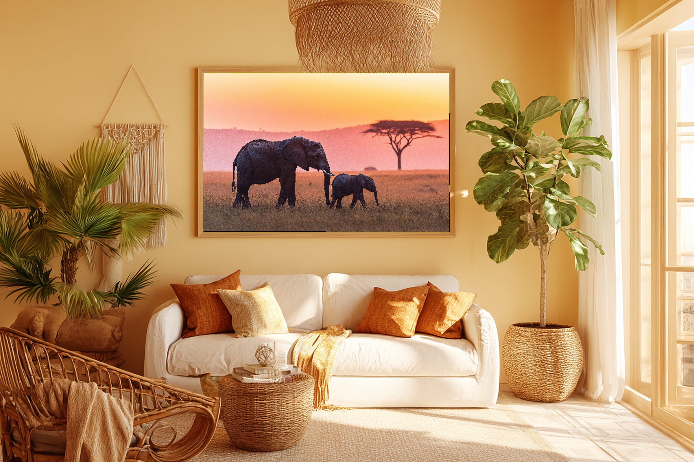 Nursery Safari Elephant Mother Calf Sunset Canvas Wall Art, Afrobohemian Textile Art, Living Room Wall Decor, Wedding Gift for Couples — nursery-safari-elephant-mother-calf-sunset-room-5-wall-art.jpg