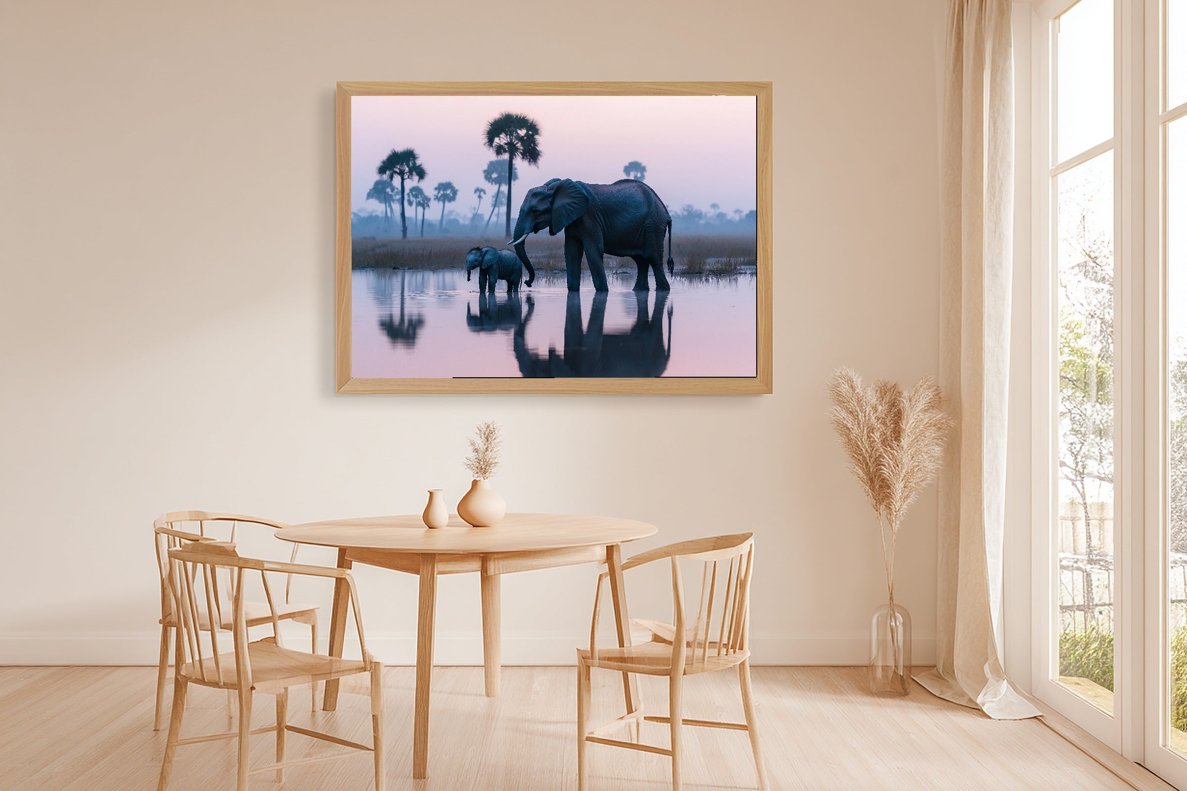 Nursery Safari Elephant Watering Hole Canvas Wall Art, Gentle Blush Palette Canvas Art, Kids Bedroom Wall Art, Nursery Gift for New Moms — nursery-safari-elephant-watering-hole-dining-room-wall-art.jpg