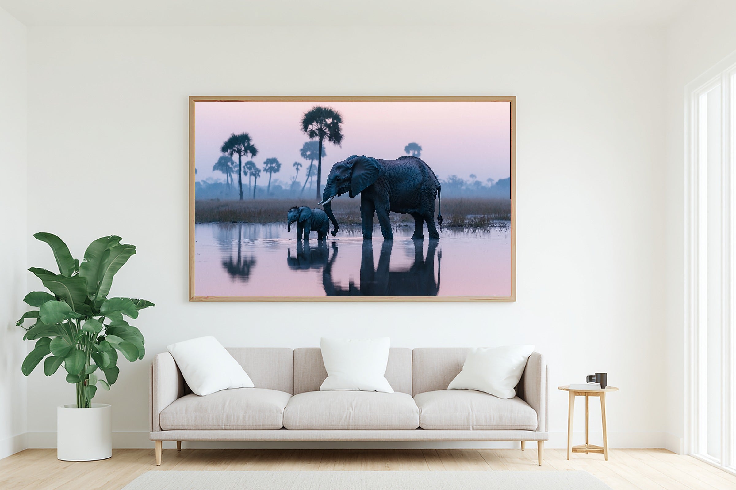 Nursery Safari Elephant Watering Hole Canvas Wall Art, Gentle Blush Palette Canvas Art, Kids Bedroom Wall Art, Nursery Gift for New Moms — nursery-safari-elephant-watering-hole-living-room-wall-art.jpg