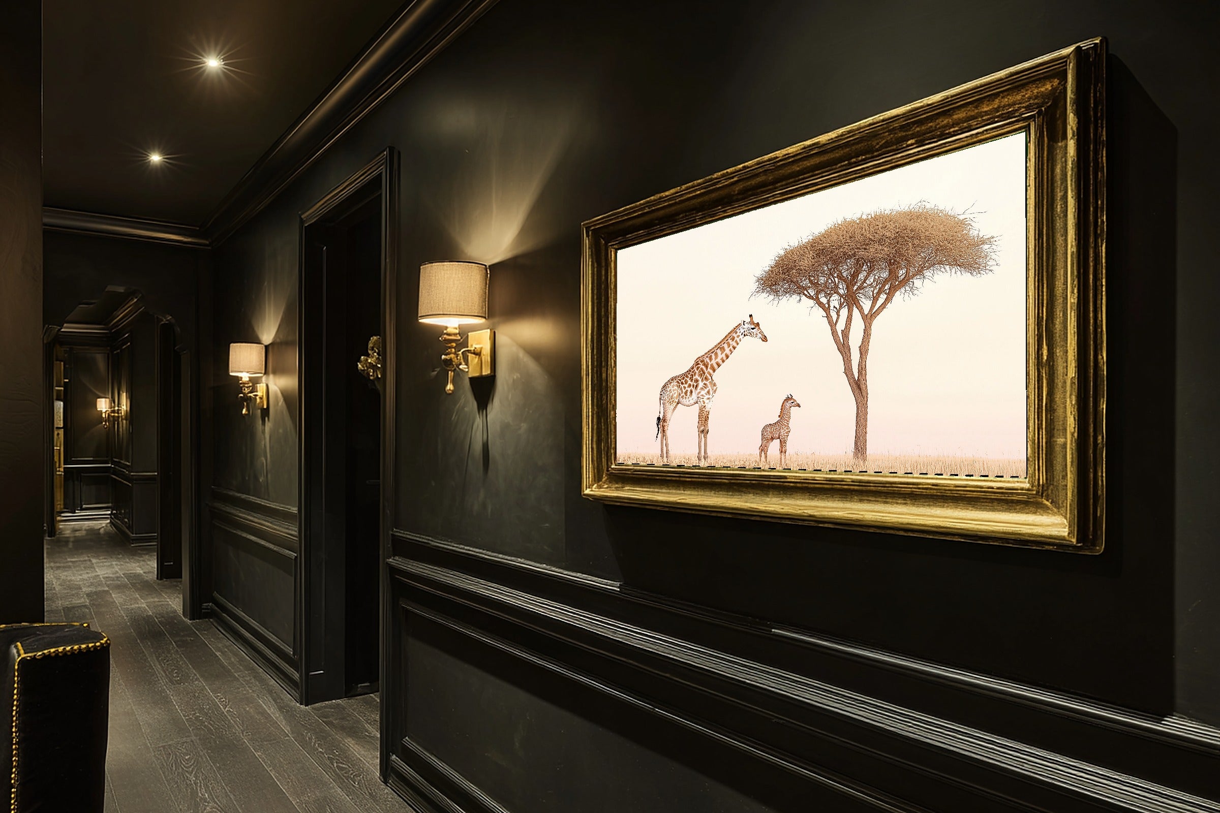 Nursery Safari Giraffe Acacia Dawn Canvas Print, Storybook Watercolor Painting Print, Baby's Room Inspiration, Gender Neutral Baby Gift — nursery-safari-giraffe-acacia-dawn-hallway-wall-art.jpg