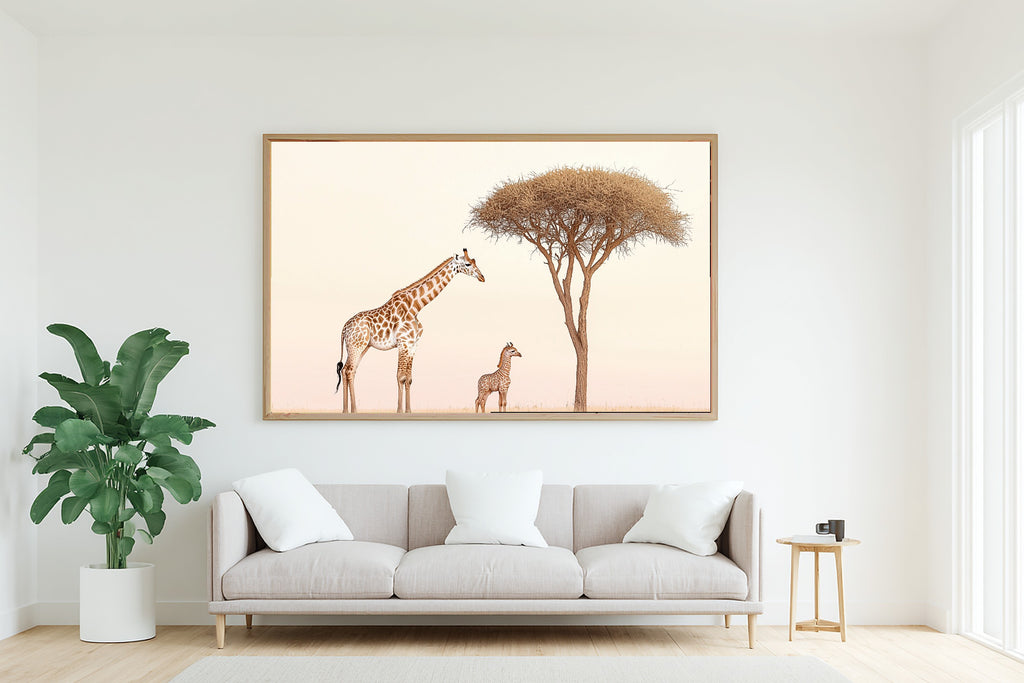 Nursery Safari Giraffe Acacia Dawn Canvas Print, Storybook Watercolor Painting Print, Baby's Room Inspiration, Gender Neutral Baby Gift — nursery-safari-giraffe-acacia-dawn-living-room-wall-art.jpg