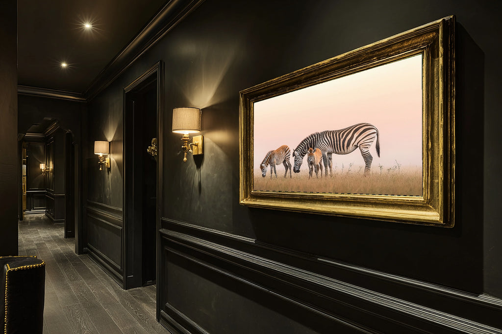 Nursery Safari Zebra Family Morning Dramatic Wildlife Wall Art, Soulful Print for the Living Room — nursery-safari-zebra-family-morning-hallway-wall-art.jpg