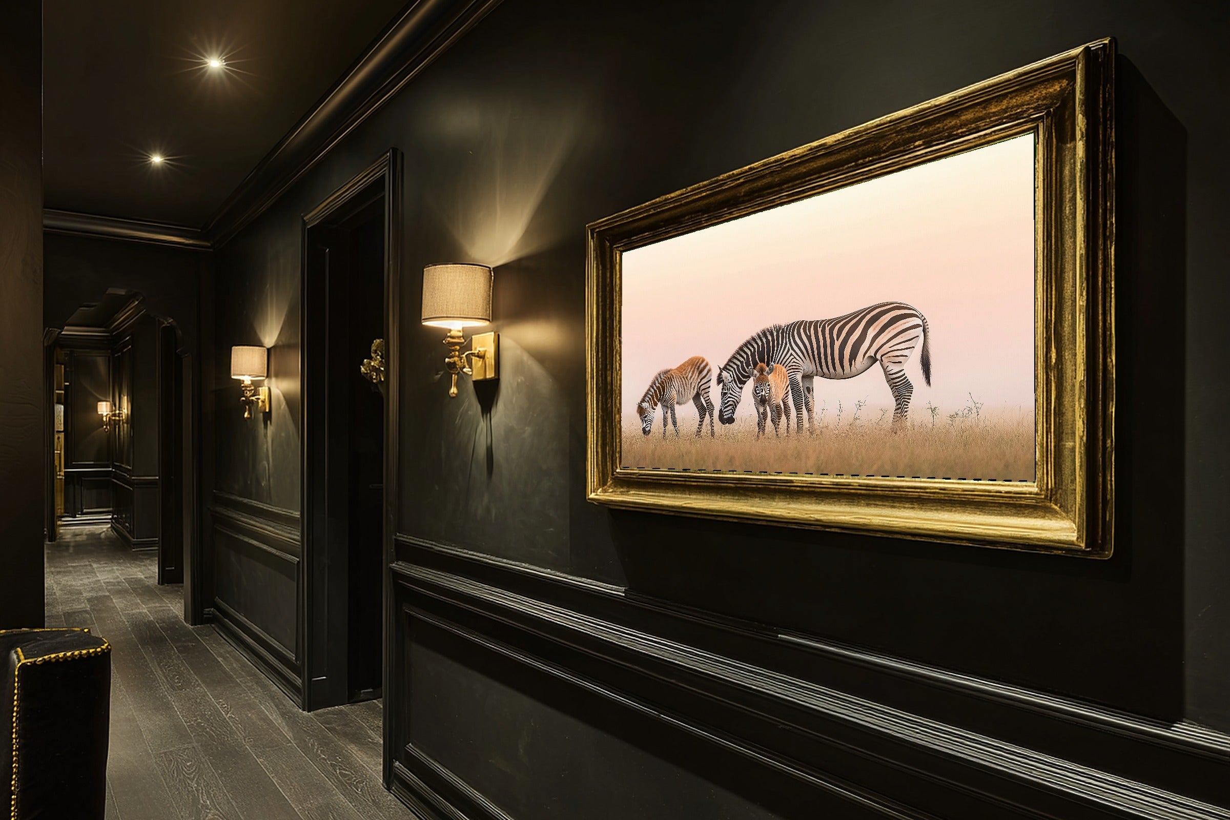 Nursery Safari Zebra Family Morning Dramatic Wildlife Wall Art, Soulful Print for the Living Room — nursery-safari-zebra-family-morning-hallway-wall-art.jpg