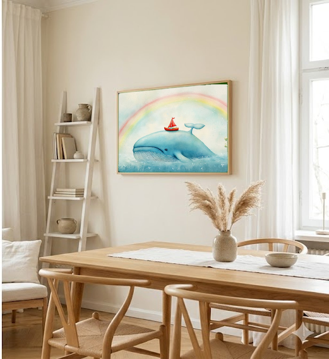 Nursery Whale Canvas Wall Art | Sailboat Watercolor Print, Kids Ocean Decor, Stretched Canvas — nursery-sailboat-whale-dining-room-wall-art.jpg