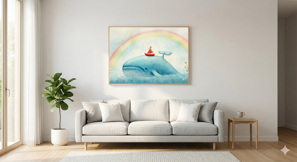 Nursery Whale Canvas Wall Art | Sailboat Watercolor Print, Kids Ocean Decor, Stretched Canvas — nursery-sailboat-whale-living-room-wall-art.jpg