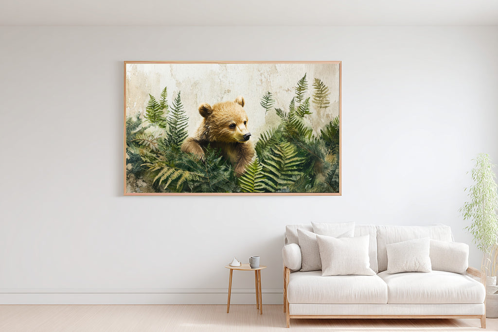 Nursery Woodland Bear Pine Grove Museum-Quality Canvas, Soft Pastel Storybook Art Print, Nursery Inspiration, Baby Shower Gift — nursery-woodland-bear-pine-grove-bedroom-wall-art.jpg